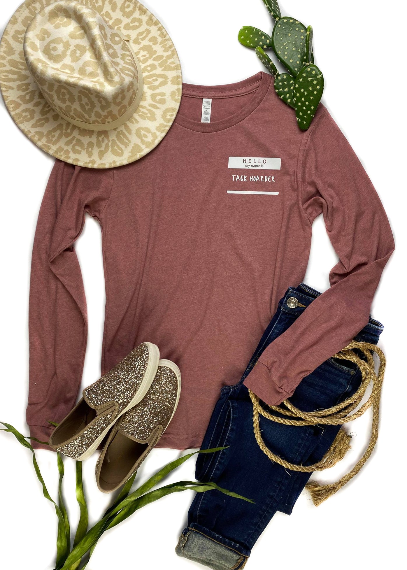 Mauve Hello Tack Hoarder Long Sleeve Graphic Tee graphic tee long sleeve The Cinchy Cowgirl   