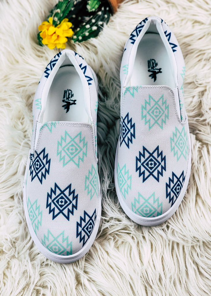 Mint & Navy Aztec Slip On Sneaker Shoes POD Slip On The Cinchy Cowgirl   