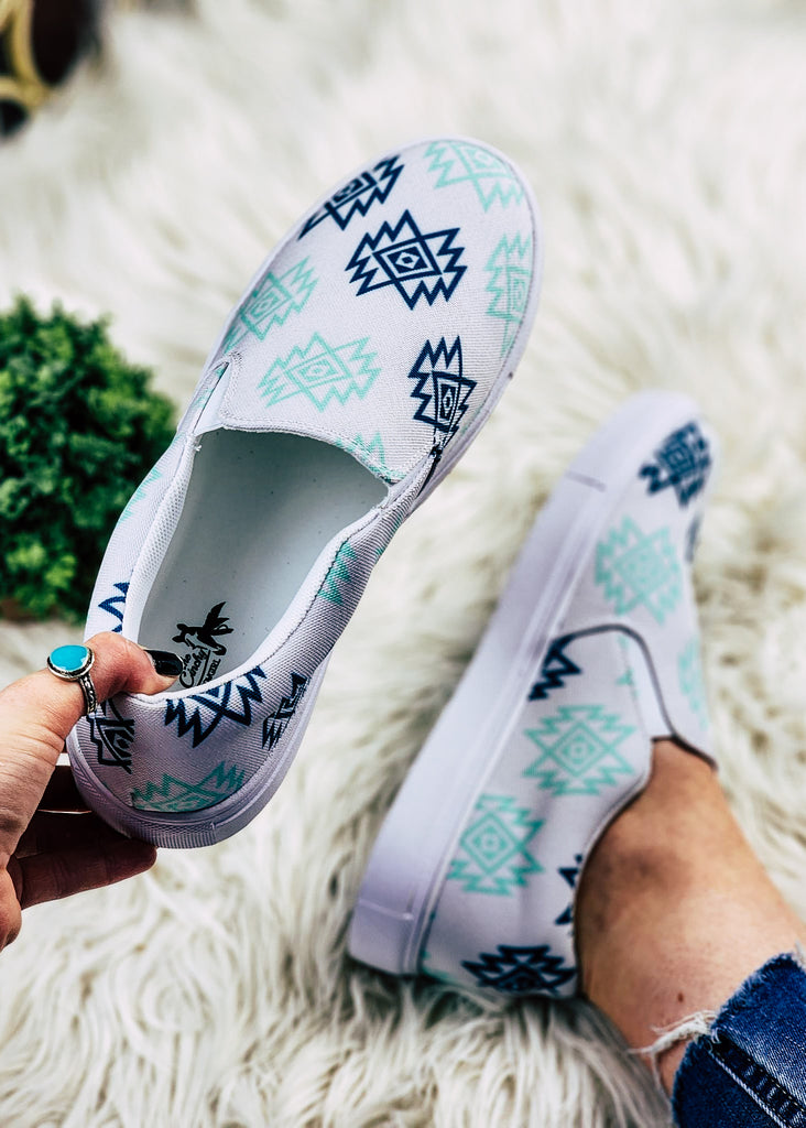 Mint & Navy Aztec Slip On Sneaker Shoes POD Slip On The Cinchy Cowgirl   