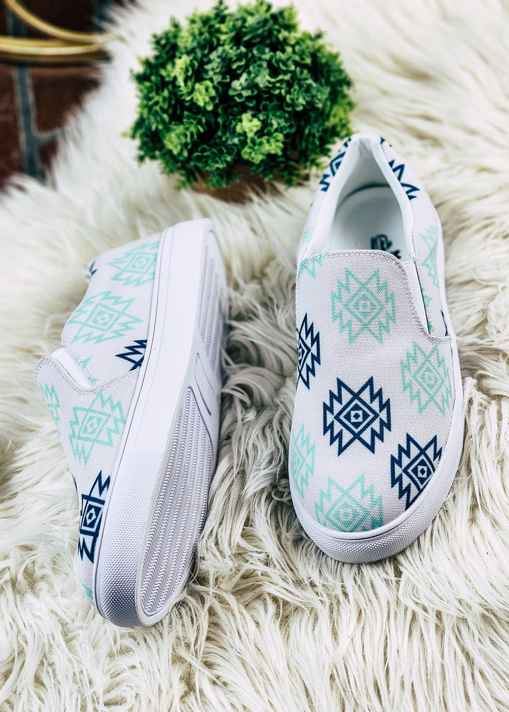 Mint & Navy Aztec Slip On Sneaker Shoes POD Slip On The Cinchy Cowgirl   