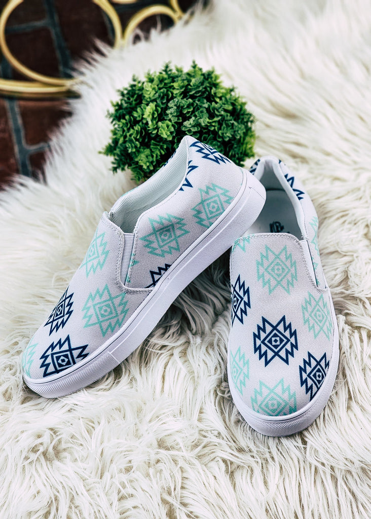 Mint & Navy Aztec Slip On Sneaker Shoes POD Slip On The Cinchy Cowgirl   