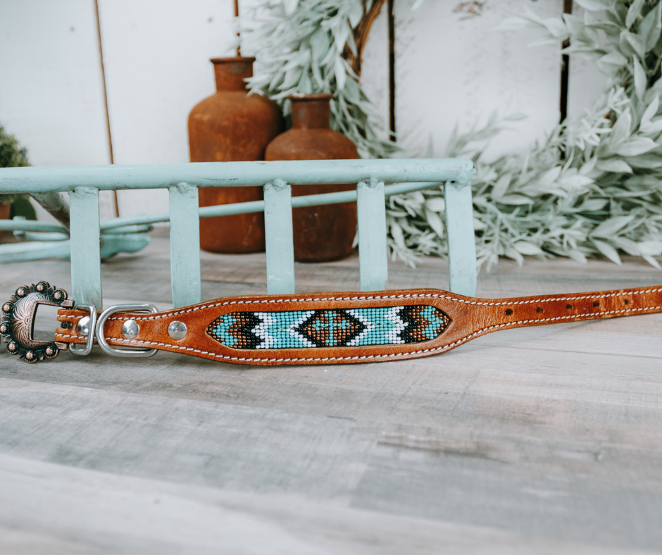 small medium and large mint and brown beaded cross dog collar with brown leather strap and designer buckle