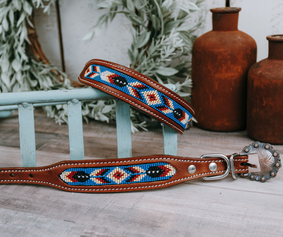 small medium and large periwinkle and yellow beaded aztec dog collar with brown leather strap and designer buckle