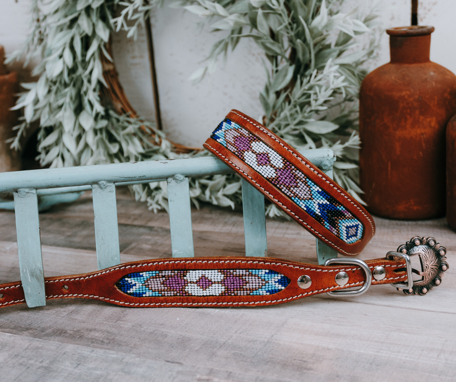 small medium and large purple and blue beaded dog collar with brown leather strap and designer buckle