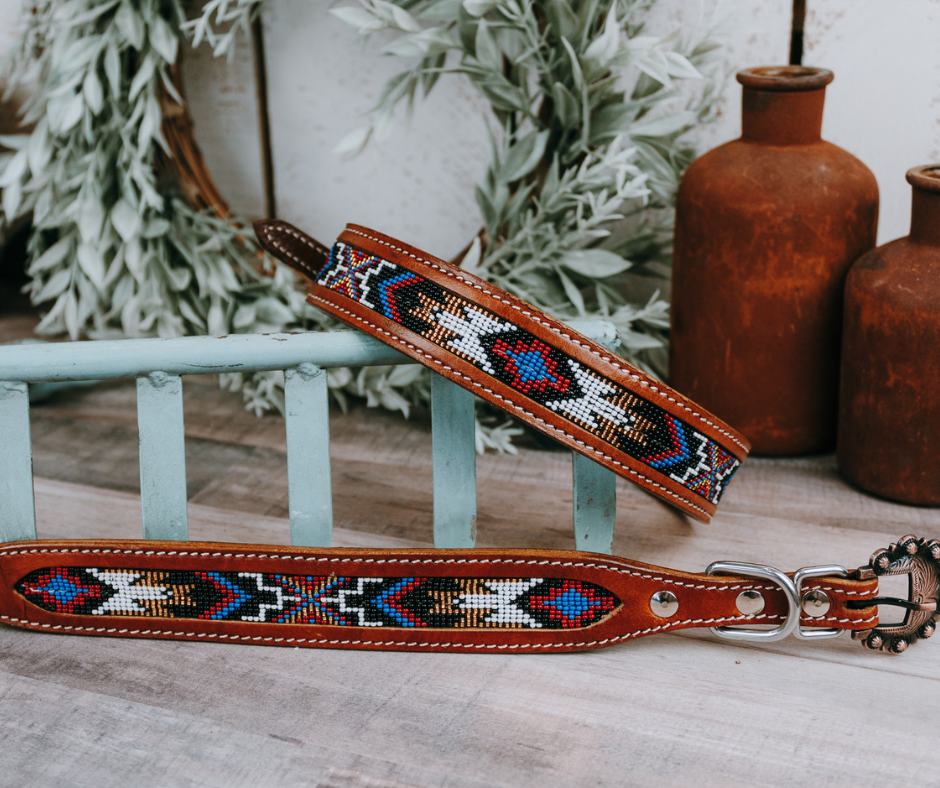 small medium and large red black and gold beaded dog collar with brown leather strap and designer buckle