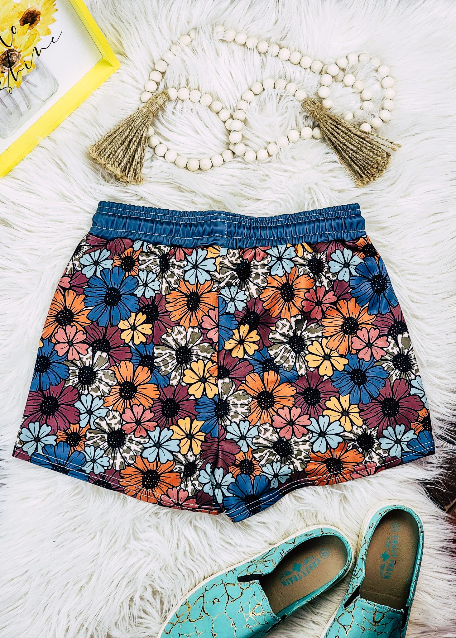 Retro Floral Cowhide Drawstring Shorts drawstring shorts The Cinchy Cowgirl (YC)   