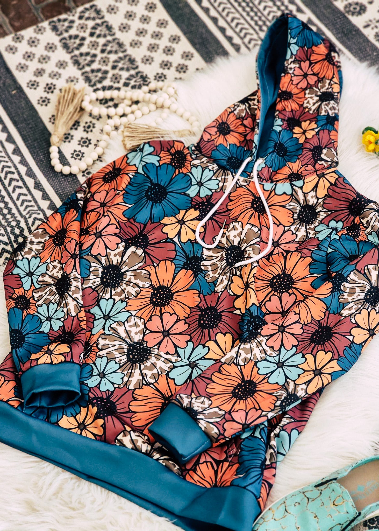 Retro Floral Cowhide Hoodie Women's Pullover Hoodie With Drawstring The Cinchy Cowgirl (YC)   