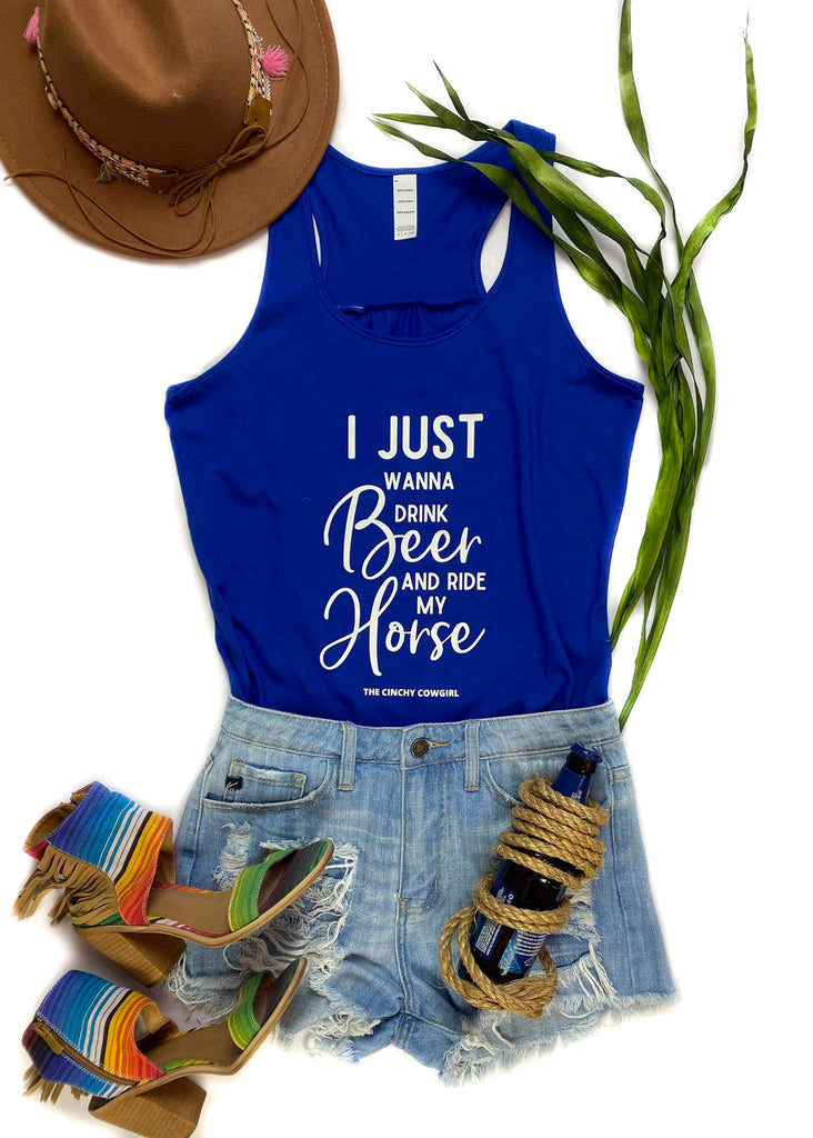 Royal Blue Drink Beer & Ride My Horse Graphic Tank Top tcc graphic tee The Cinchy Cowgirl   