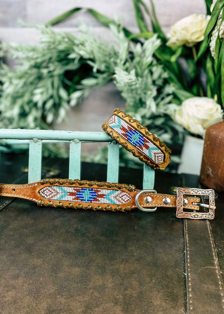 Rustic Vibes Beaded Stitched Dog Collar with the green floral decor