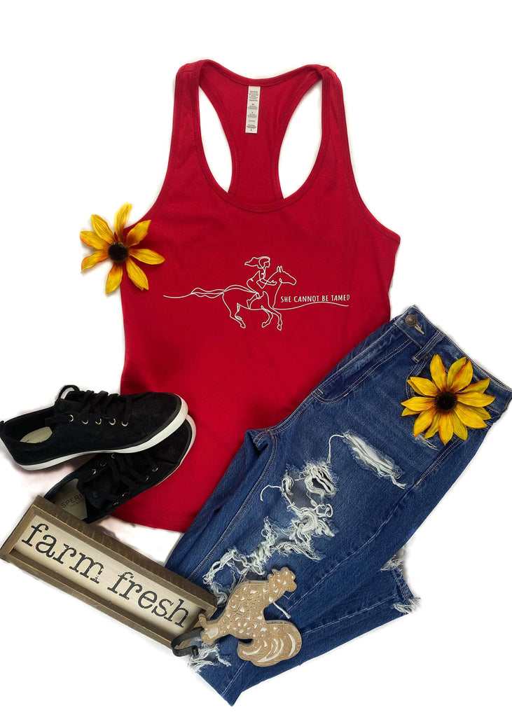 Red She Cannot Be Tamed Tank Top tcc graphic tee The Cinchy Cowgirl   