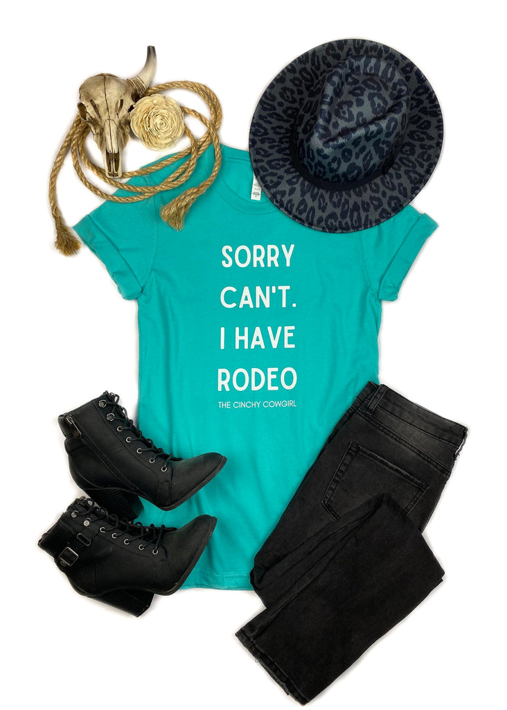Sorry I Can't I Have Rodeo Teal Short Sleeve Graphic Tee tcc graphic tee The Cinchy Cowgirl   