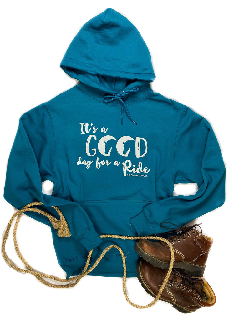 Teal Good Day For A Ride Hoodie graphic hoodie The Cinchy Cowgirl   