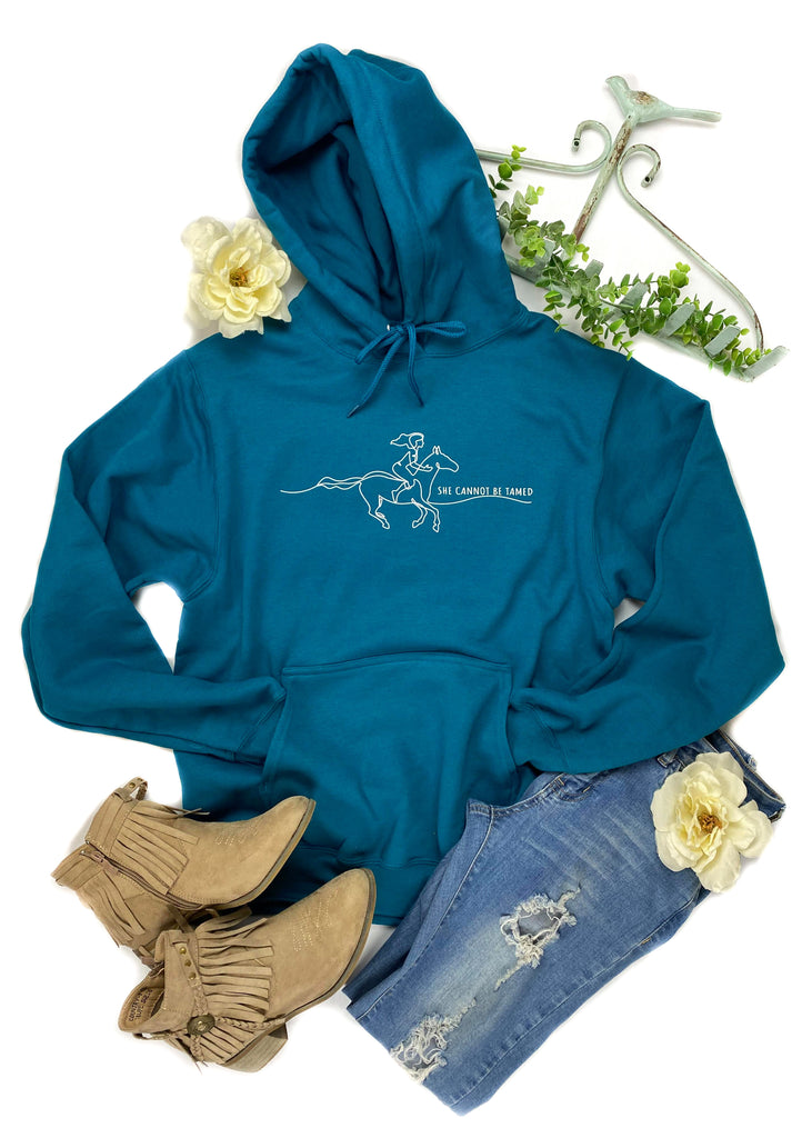 Teal She Cannot Be Tamed Hoodie graphic hoodie The Cinchy Cowgirl   