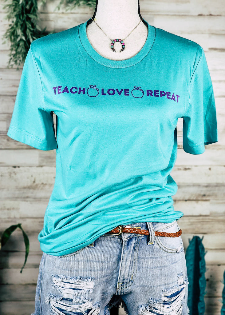 Teal Teach Love Repeat Short Sleeve Graphic Tee tcc graphic tee The Cinchy Cowgirl   