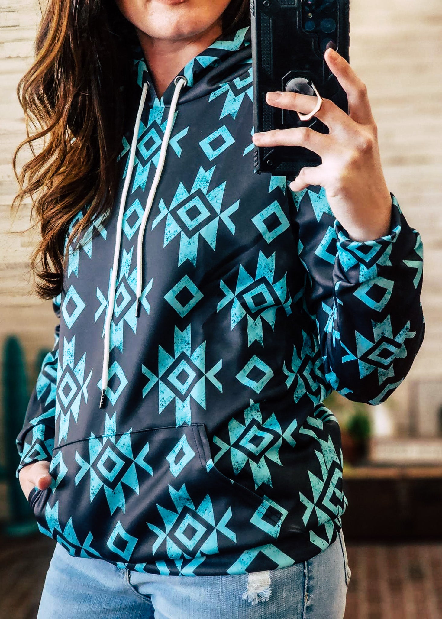 Turquoise & Black Aztec Hoodie