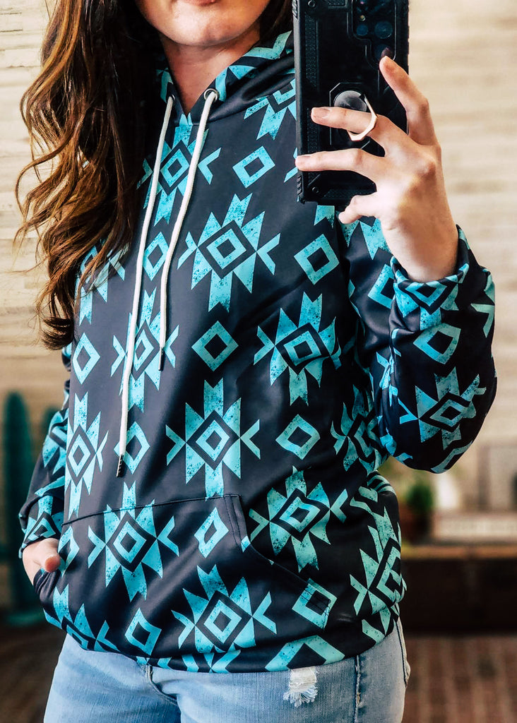 Turquoise & Black Aztec Hoodie Women's Pullover Hoodie With Drawstring The Cinchy Cowgirl (YC) S  