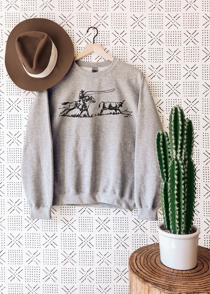 Gray Ranch Roper Crewneck Sweatshirt Pullover The Cinchy Cowgirl   
