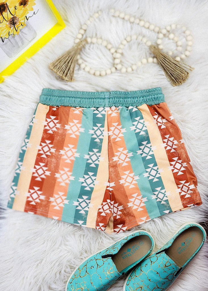 Warm Tones Aztec Drawstring Shorts drawstring shorts The Cinchy Cowgirl (YC)   