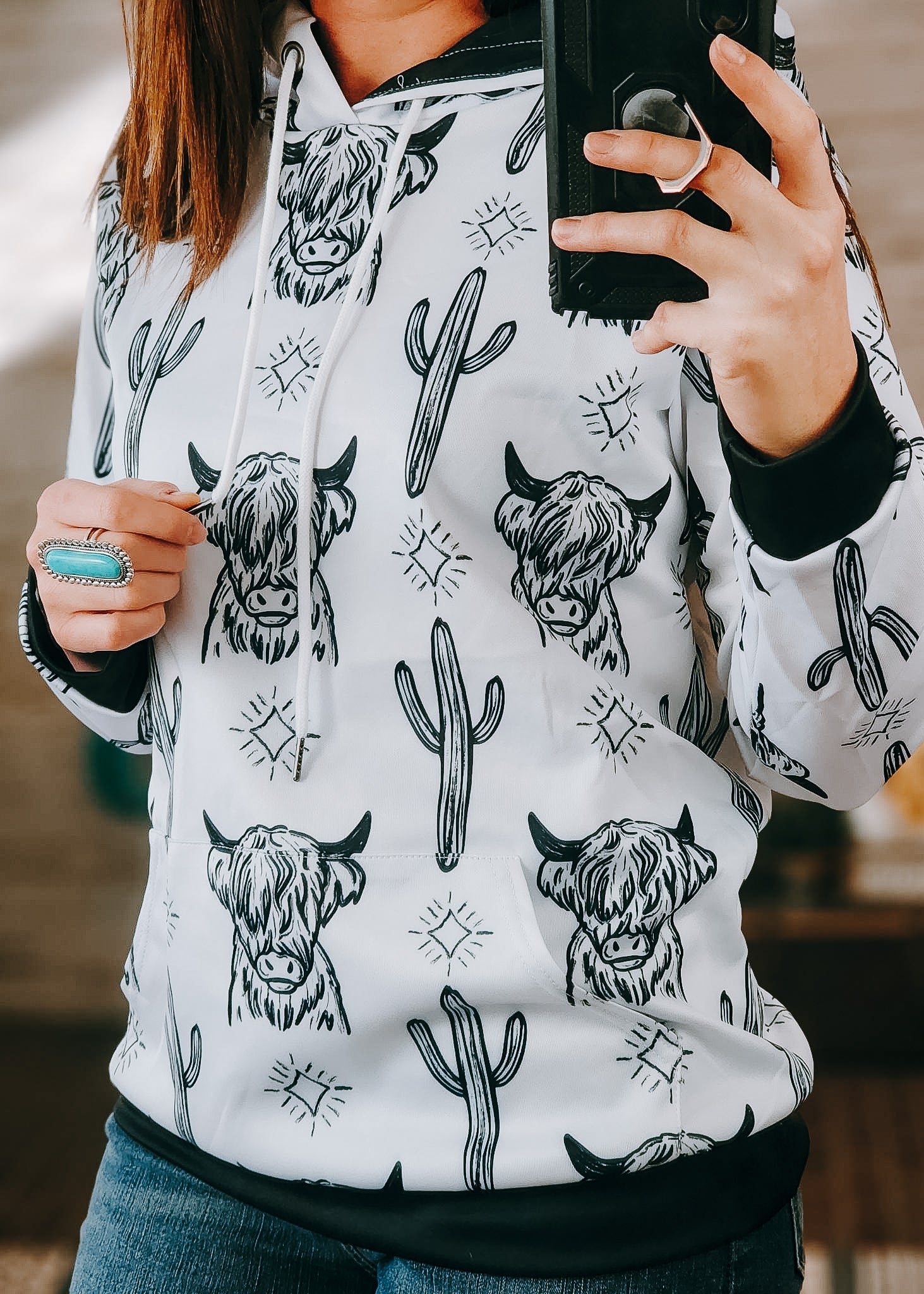 White Highland Cow Hoodie Women's Pullover Hoodie With Drawstring The Cinchy Cowgirl (YC) S