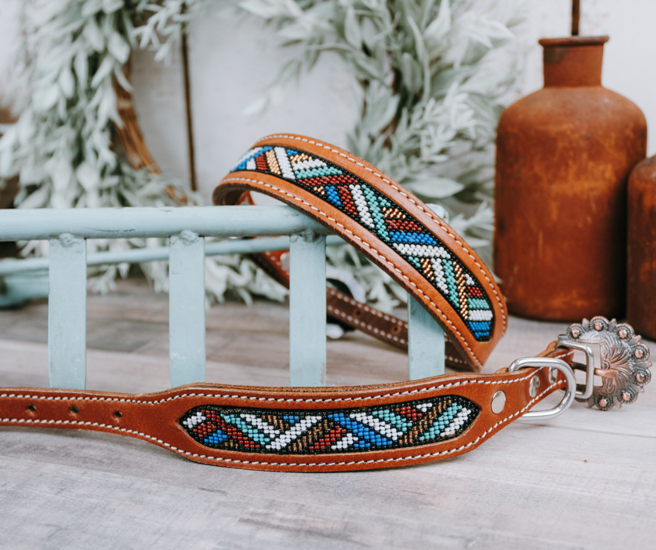 small medium and large multi color zig zag aztec beaded dog collar with brown leather strap and designer buckle