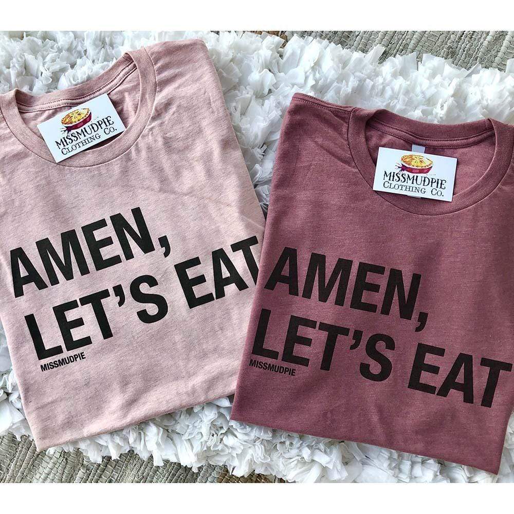 Faith agriculture short sleeve tee with "Amen Let's Eat" on shirt. Pink and dark mauve color tees shown. 