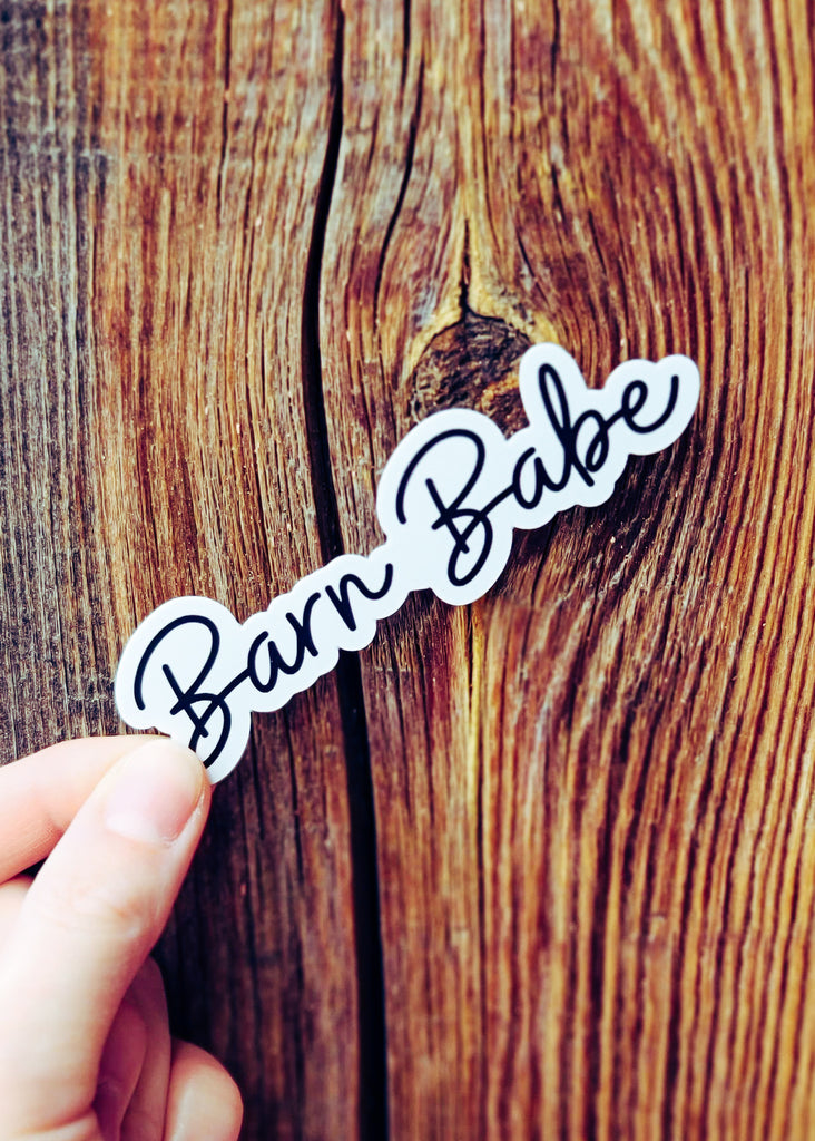 Sticker with cursive-like, black lettering reading "Barn babe" with a white background.