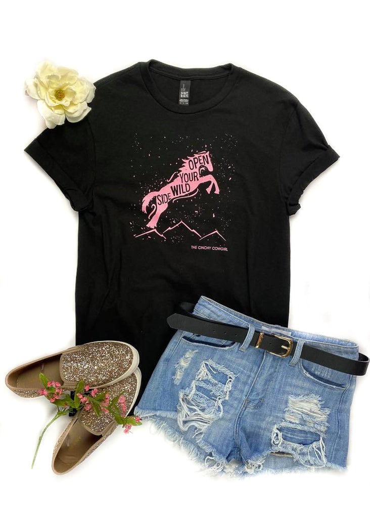 Black Open Your Wild Side Short Sleeve Tee tcc graphic tee The Cinchy Cowgirl   