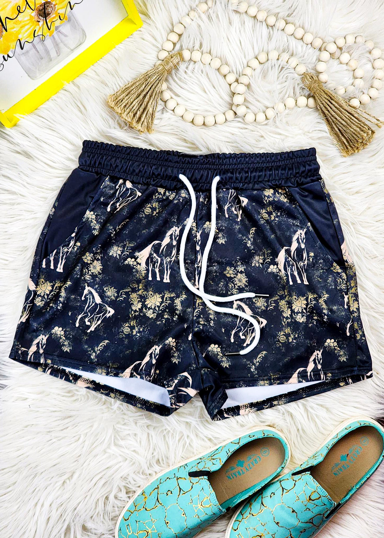 Black Vintage Floral Horse Drawstring Shorts drawstring shorts The Cinchy Cowgirl (YC) XS  