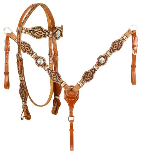 Western headstall set with braided raw hide accents feather arrow tooling and teal accents. Silver conchos add accents to headstall set. 