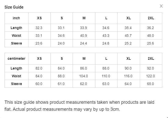 White size chart with black lettering reading sizes XS to 2XL.