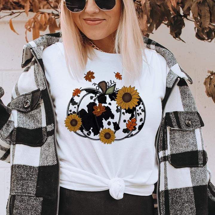 White Cow Print Pumpkin Tee graphic tee - dropship thelattimoreclaim   