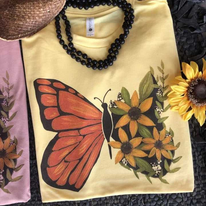 Yellow Floral Butterfly Short Sleeve Tee graphic tee - dropship thelattimoreclaim   