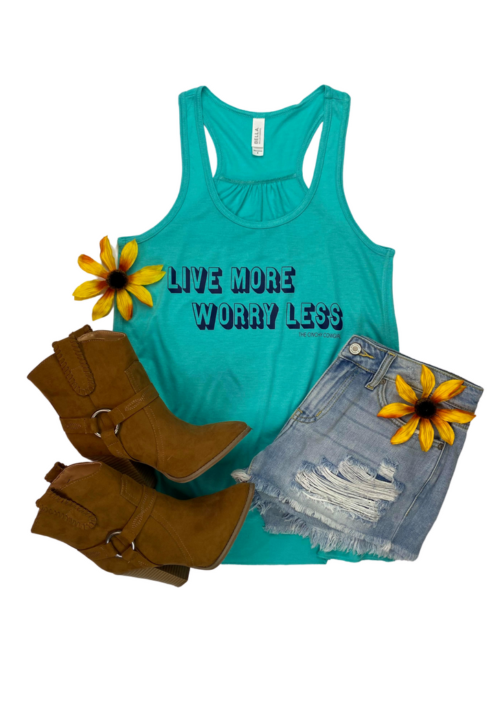 Teal Live More Worry Less Graphic Tank tcc graphic tee The Cinchy Cowgirl   