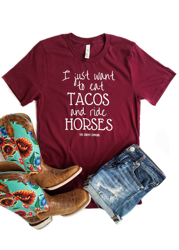 Maroon Eat Tacos & Ride Horses Short Sleeve Graphic Tee tcc graphic tee The Cinchy Cowgirl   