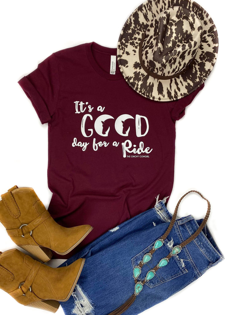 Maroon Good Day For A Ride Short Sleeve Tee tcc graphic tee The Cinchy Cowgirl   