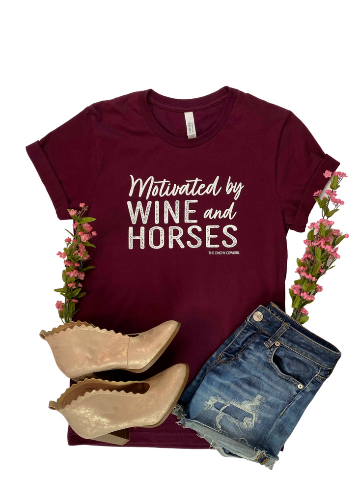 Maroon Motivated by Wine & Horses Short Sleeve Tee tcc graphic tee The Cinchy Cowgirl   