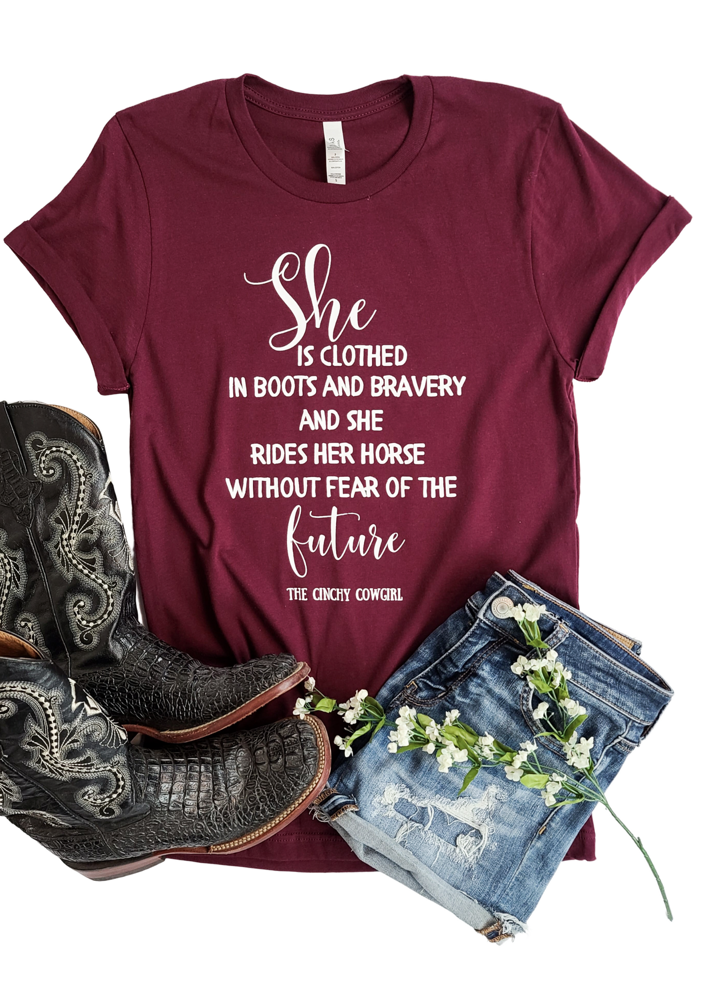 Maroon She is Clothed Short Sleeve Graphic Tee tcc graphic tee The Cinchy Cowgirl   