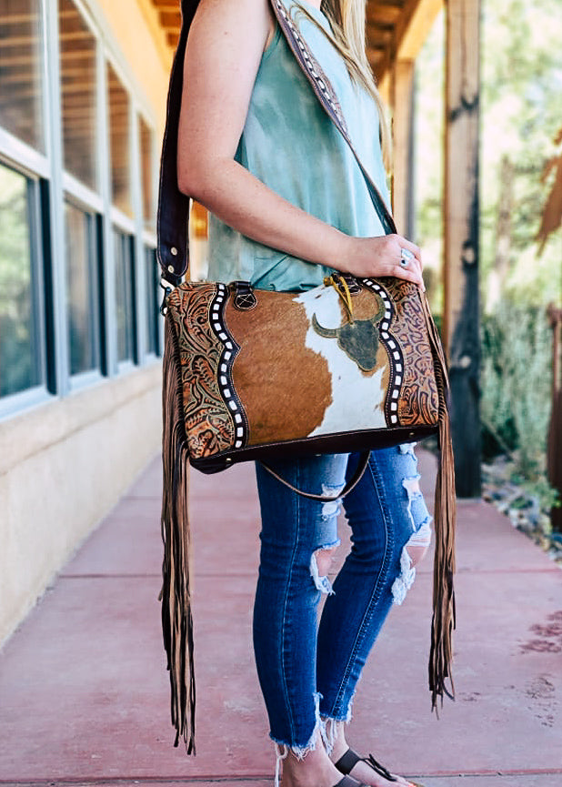 Cow Print Fringe Crossbody Bag