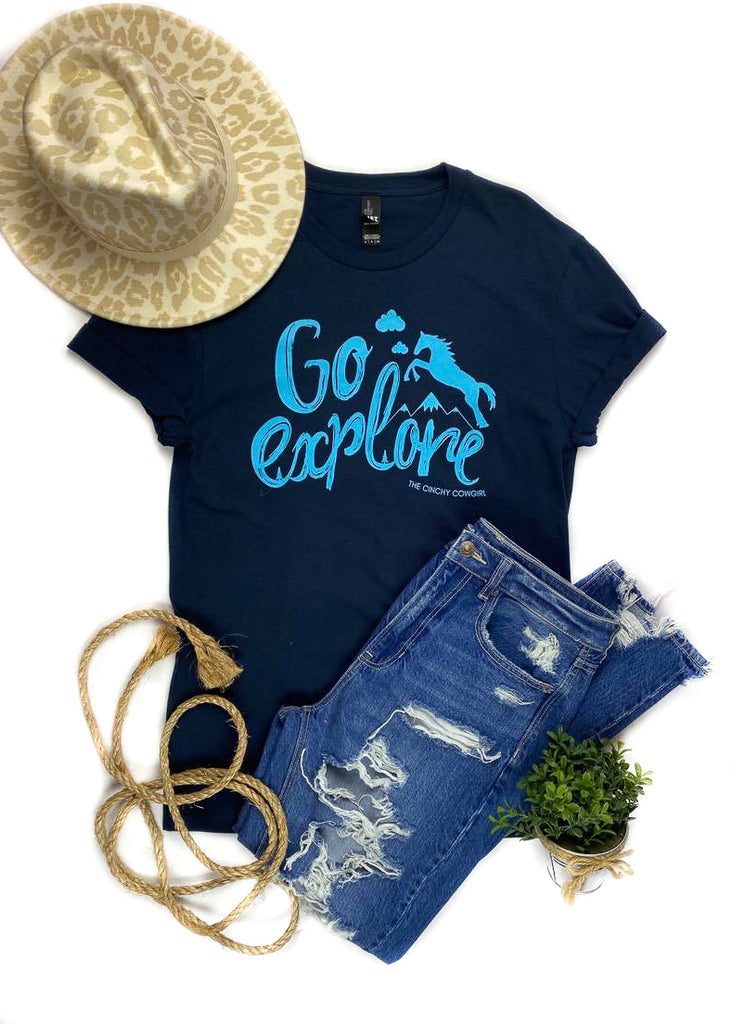 Navy Go Explore Short Sleeve Tee tcc graphic tee The Cinchy Cowgirl   