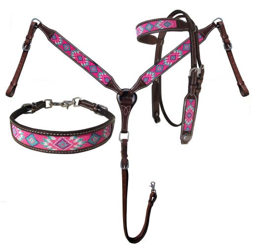 Pink Aztec Beaded 3 Piece Headstall Set headstall set Shiloh   