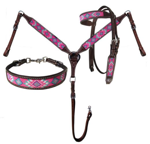 OUT OF STOCK Pink Aztec Beaded 3 Piece Headstall Set headstall set Shiloh   