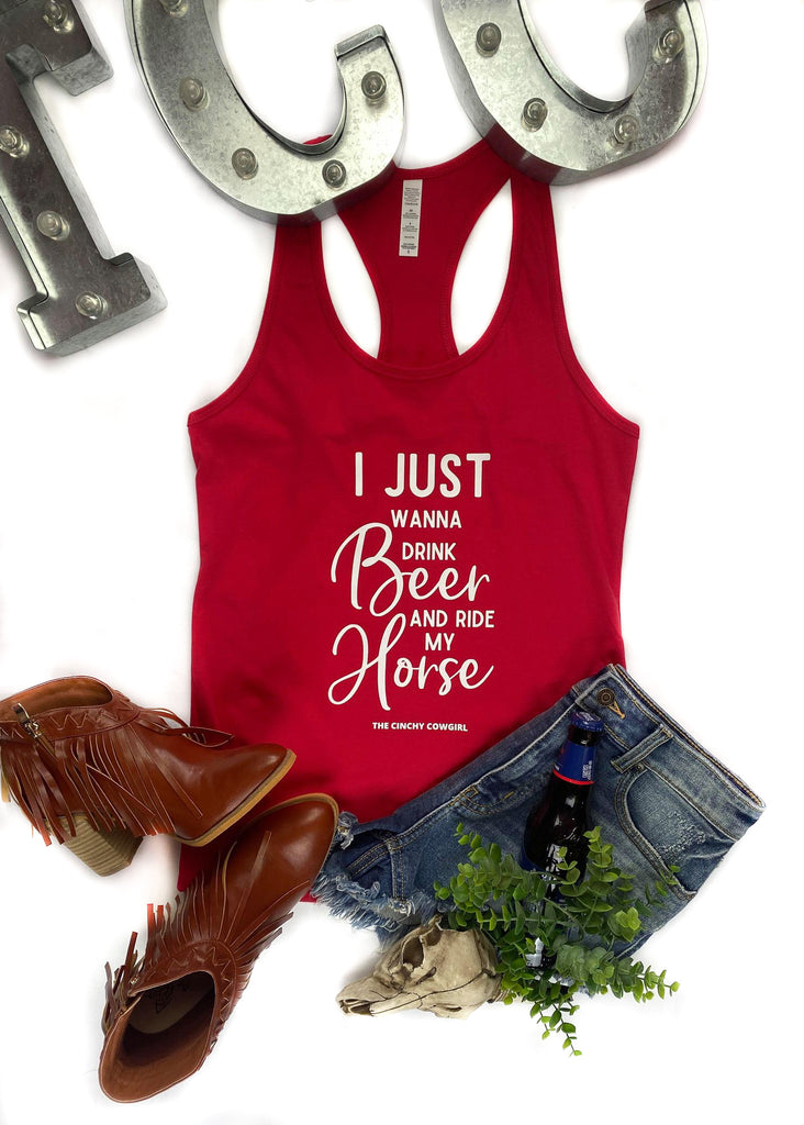 Red Drink Beer & Ride My Horse Tank Top tcc graphic tee The Cinchy Cowgirl   