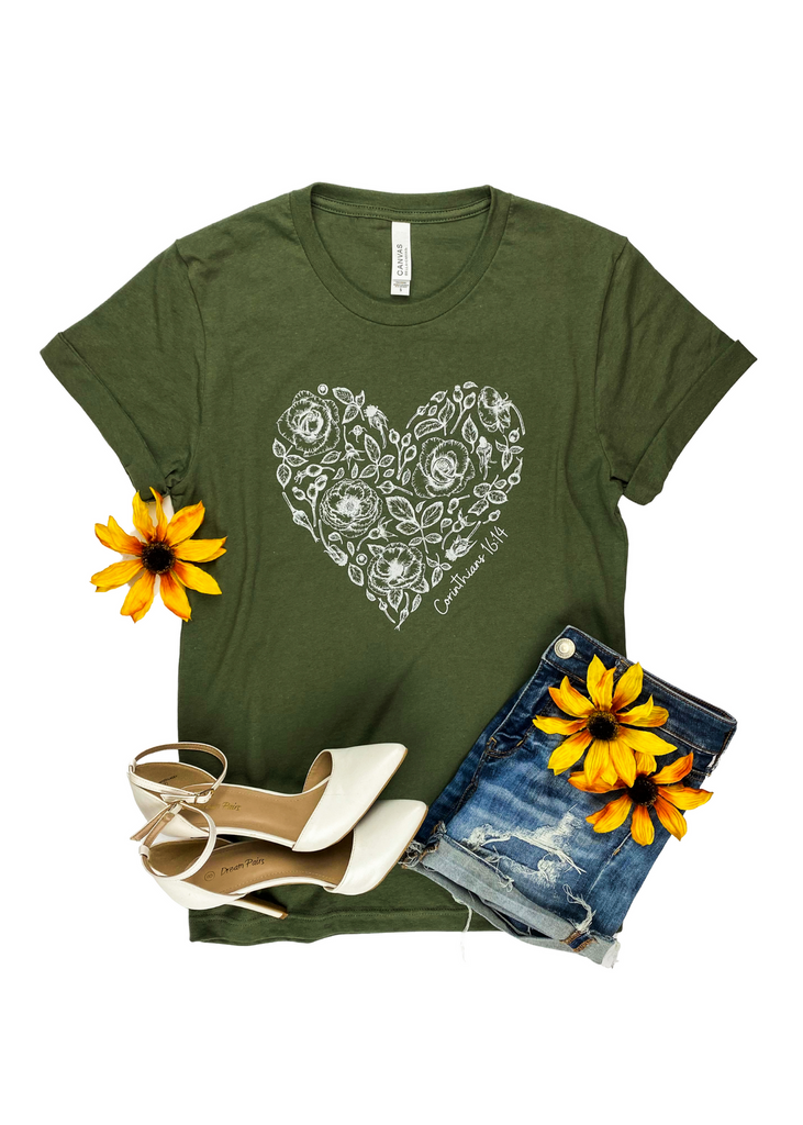 Corinthians 16:14 Rose Heart Army Green Short Sleeve Graphic Tee tcc graphic tee The Cinchy Cowgirl   