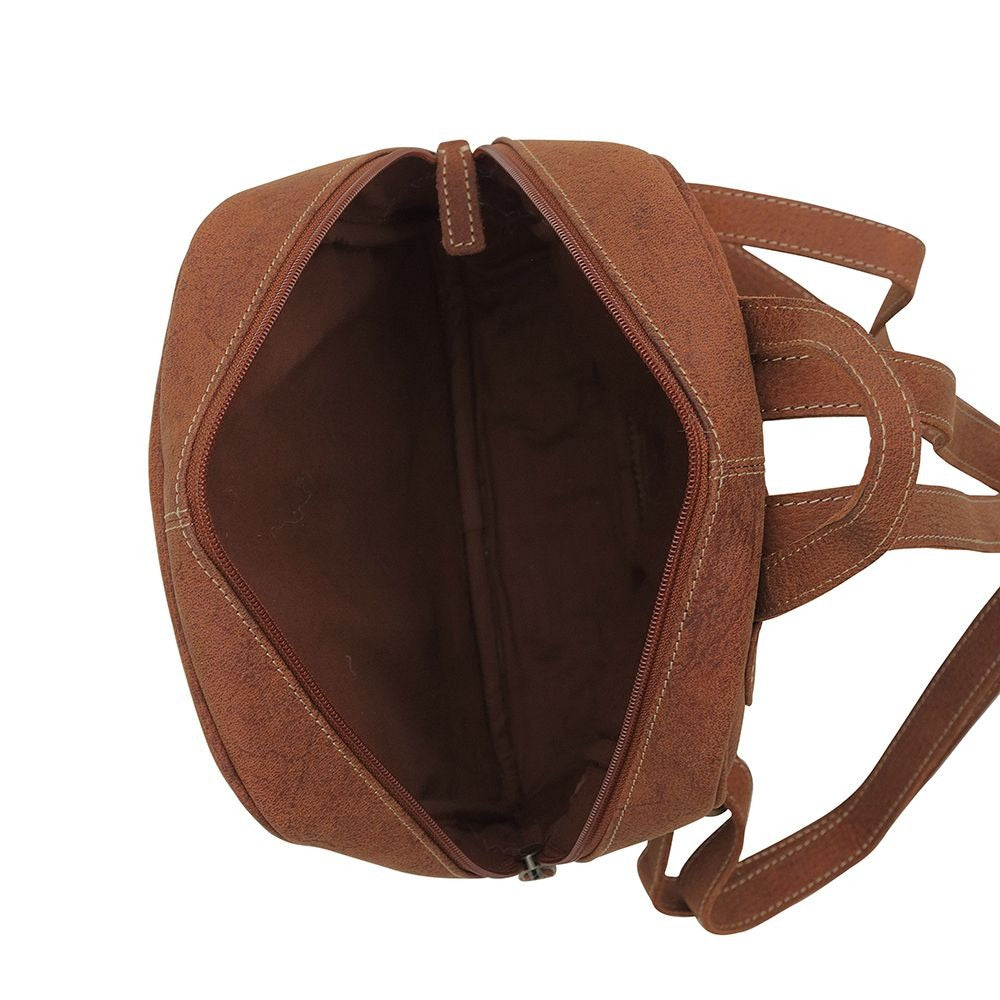 Interior of backpack with main zippered pocket open. 