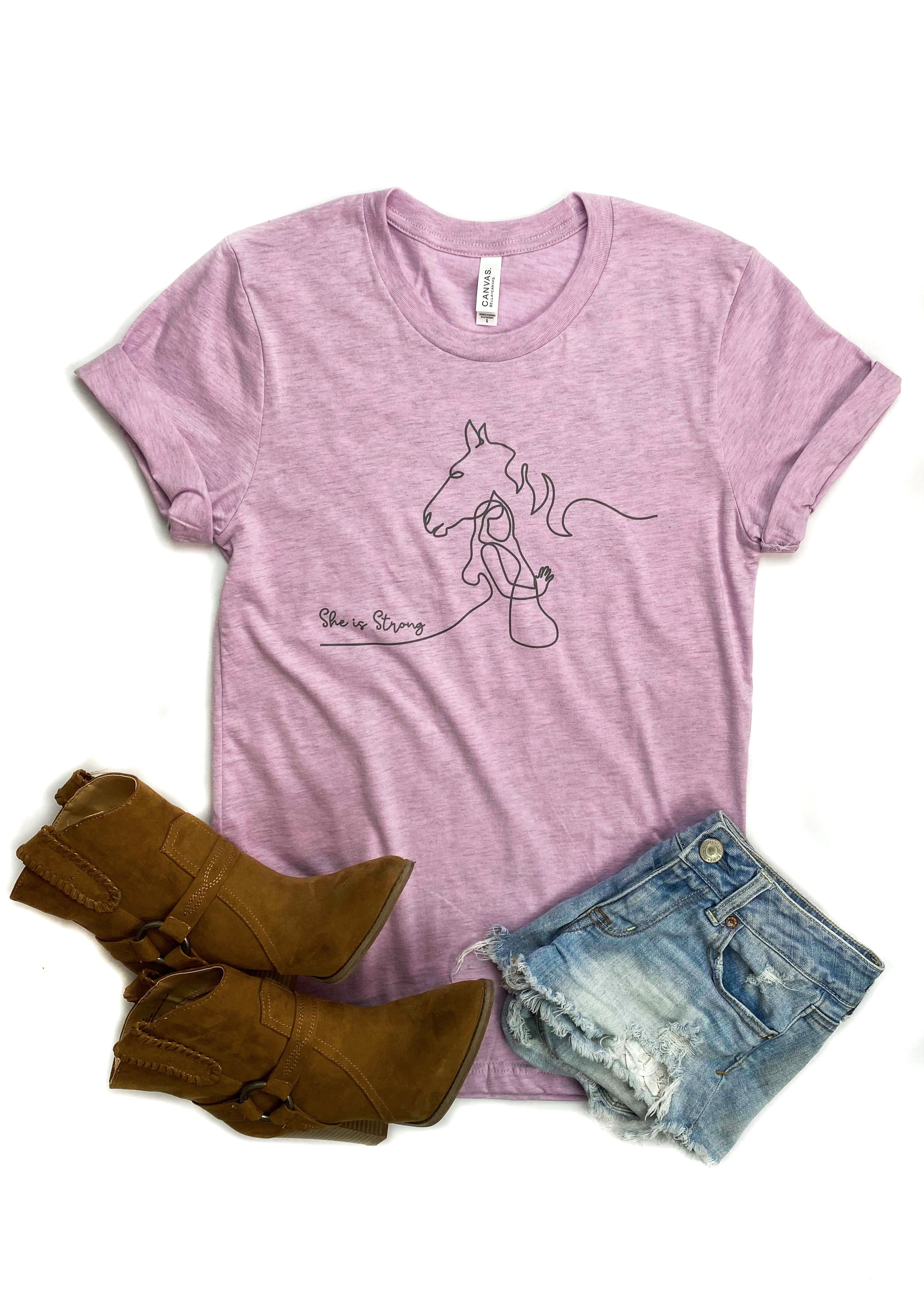 She is Strong Horse Lilac Short Sleeve Graphic Tee tcc graphic tee The Cinchy Cowgirl   