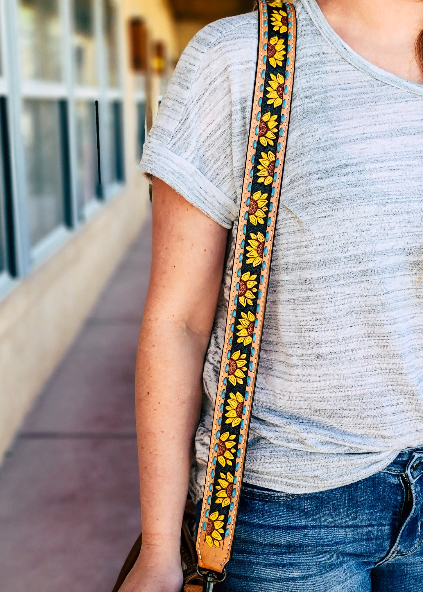 Sunflower Leather Buckstitch Purse Strap