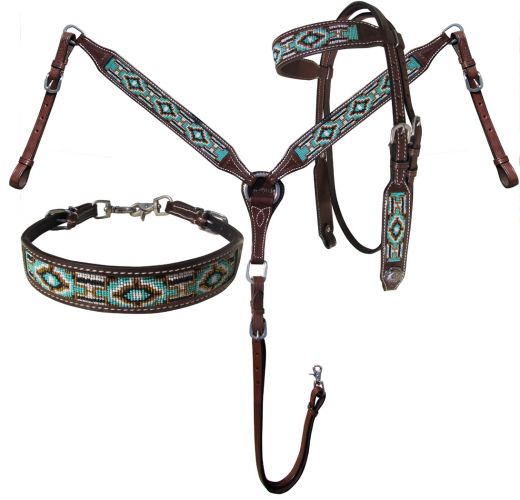Teal & Gold Beaded 3 Piece Headstall Set headstall set Shiloh   
