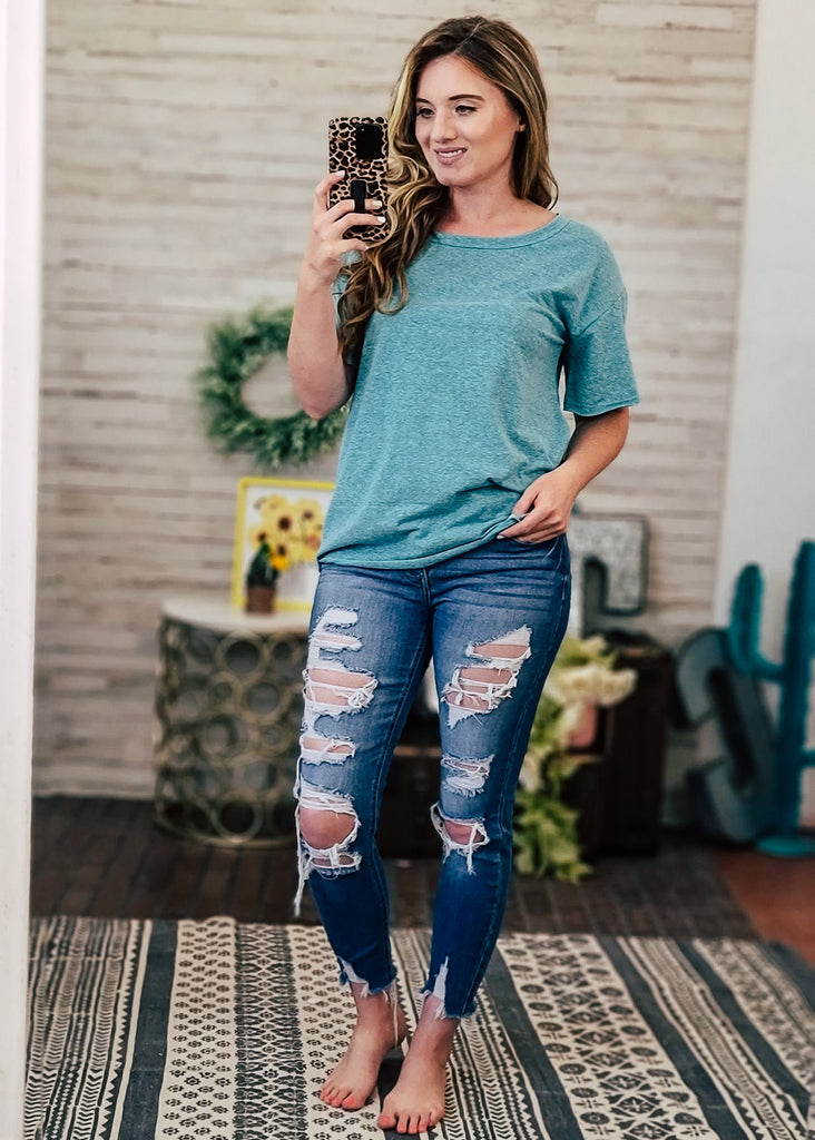 Heather Blue Flared Short Sleeve Top Short Sleeve Tops bibi   