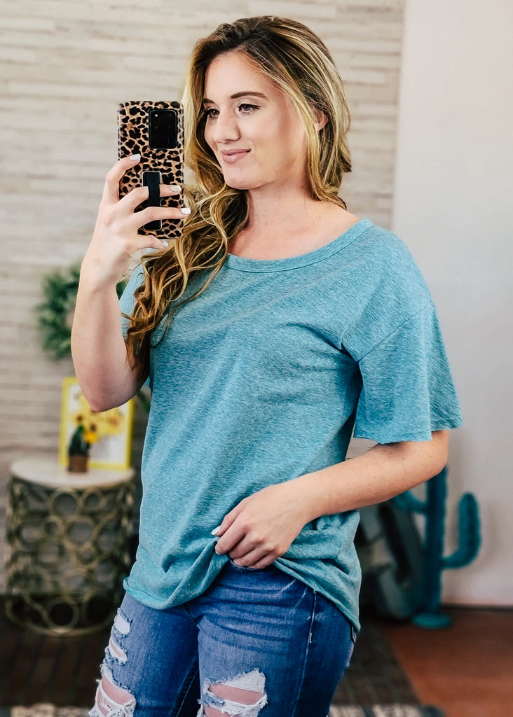 Heather Blue Flared Short Sleeve Top Short Sleeve Tops bibi   