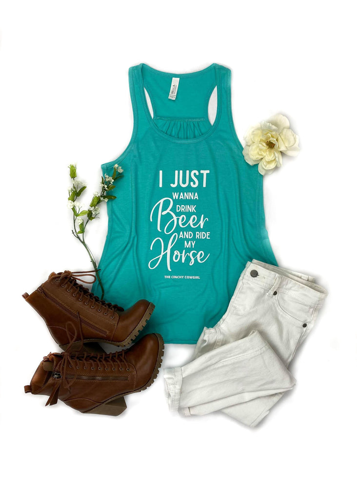 Teal Drink Beer & Ride My Horse Tank tcc graphic tee The Cinchy Cowgirl   